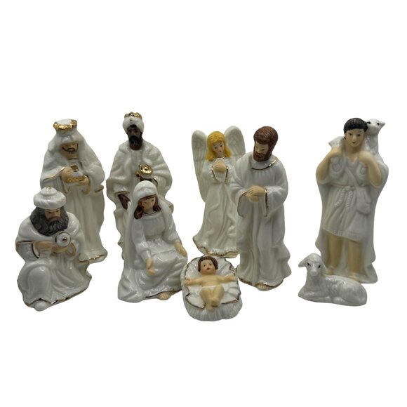 9-Piece Fine Porcelain Nativity Figurine Set Wisemen Joseph Mary Baby Jesus - Picture 1 of 6